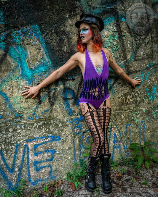 Purple & Black Hand Dyed Slit Weave Body Suit- Size Medium