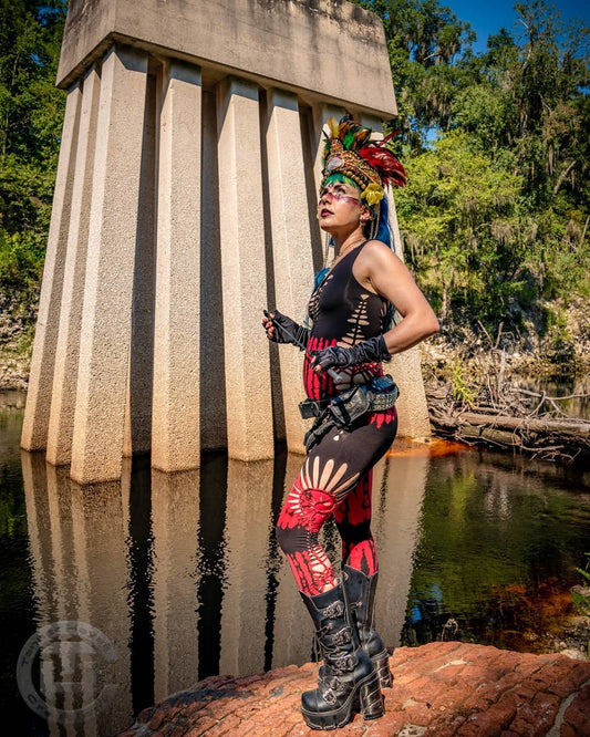 Red & Black Hand Dyed Slit Weave Pant Body Suit- Size Small