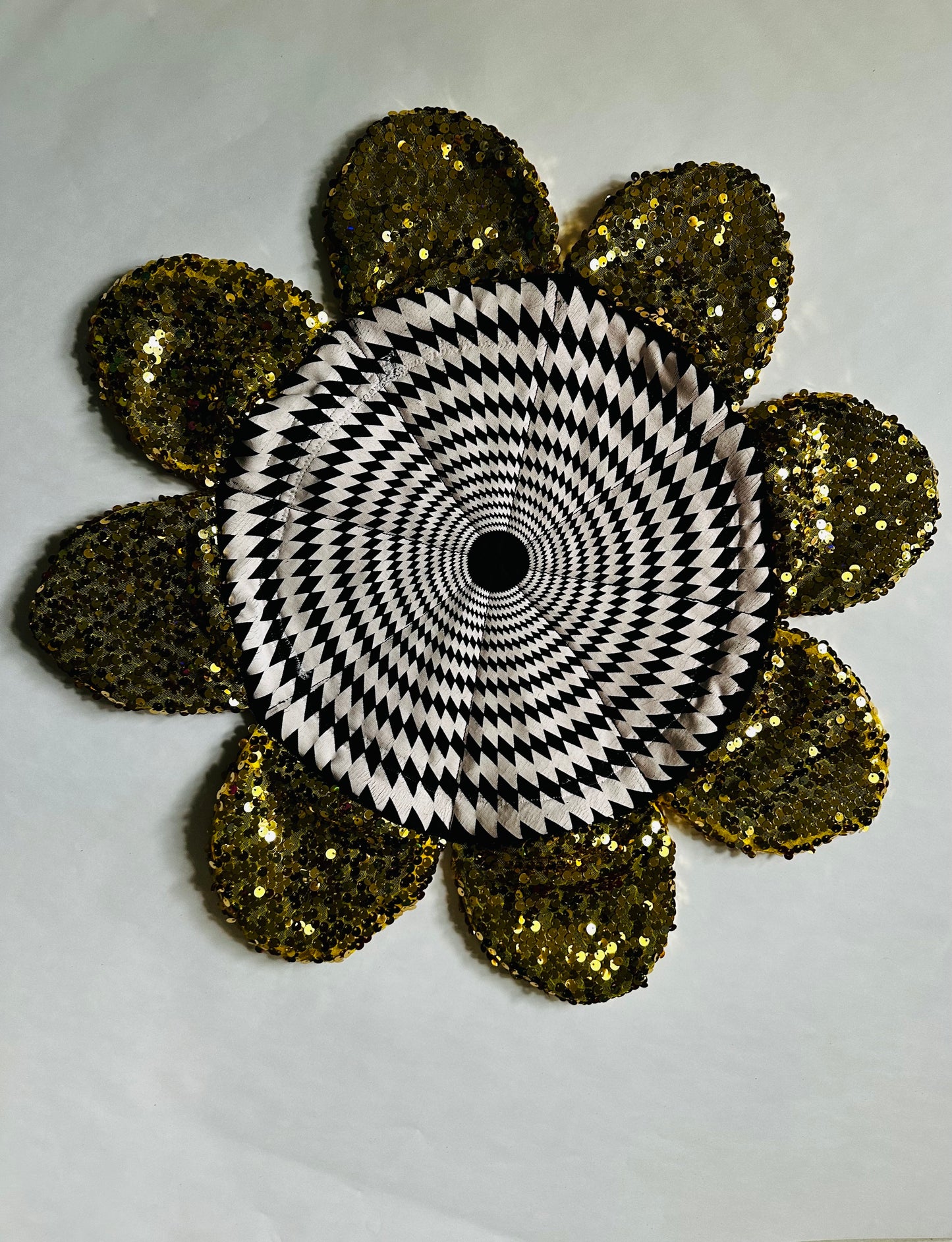 Flow Flower Gold sequin Petal, psychedelic burst center & other side B&W Rhombus