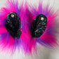 Pink & Purple fur, Black iridescent & pierced clear jewel