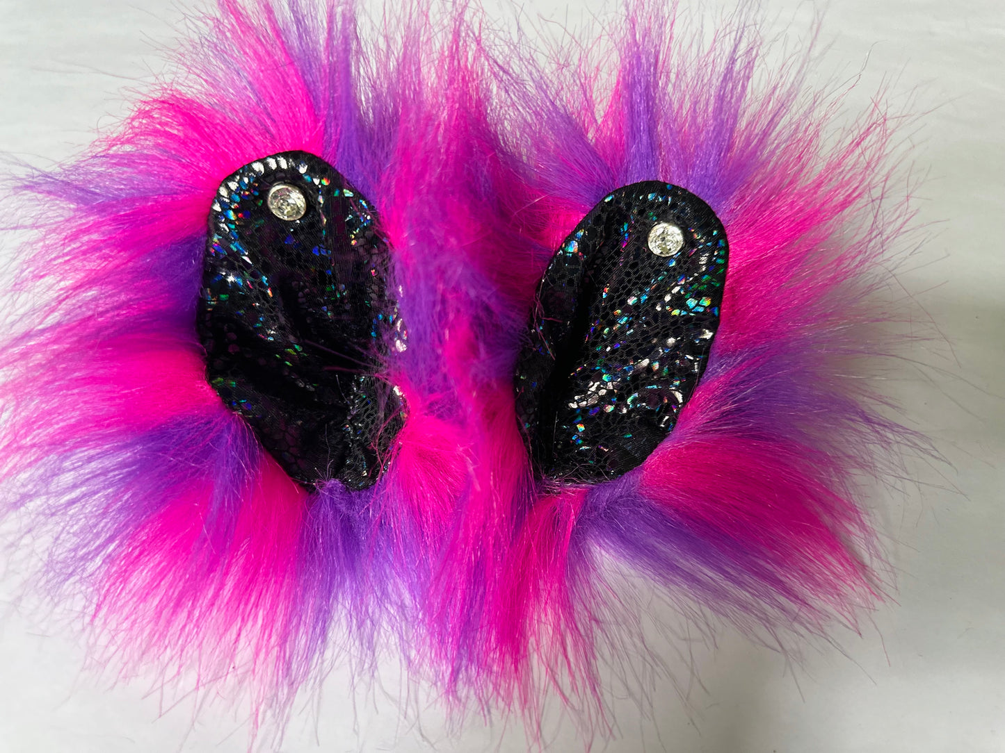 Pink & Purple fur, Black iridescent & pierced clear jewel