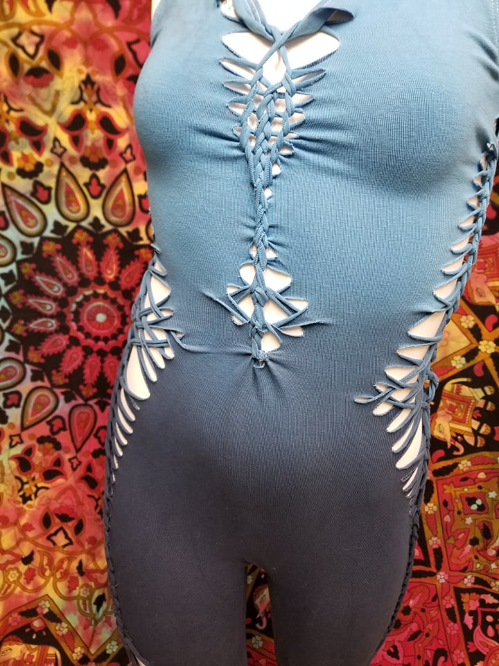 Blue ombre Hand Dyed Slit Weave Pant Body Suit- Size Medium