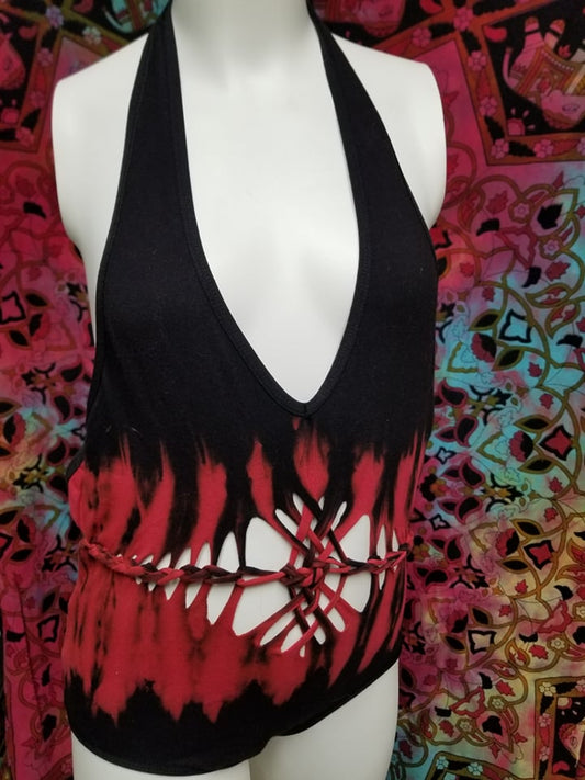 Black & Red Hand Dyed Slit Weave Body Suit- Size Small