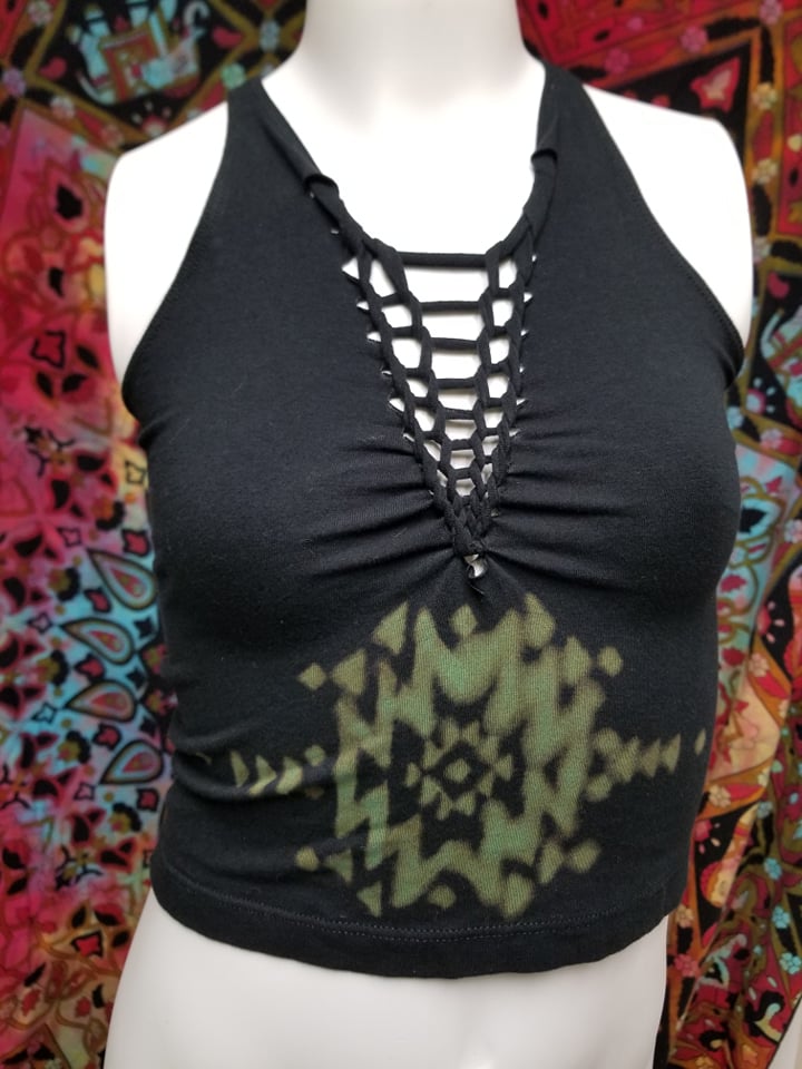 Black & Green Hand Dyed Slit Weave Crop Top- Size Small/Medium