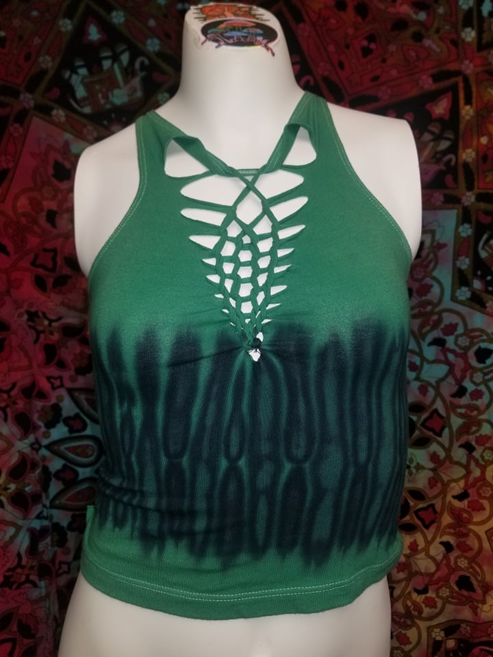 Green & Black Hand Dyed Slit Weave Crop Top- Size Medium