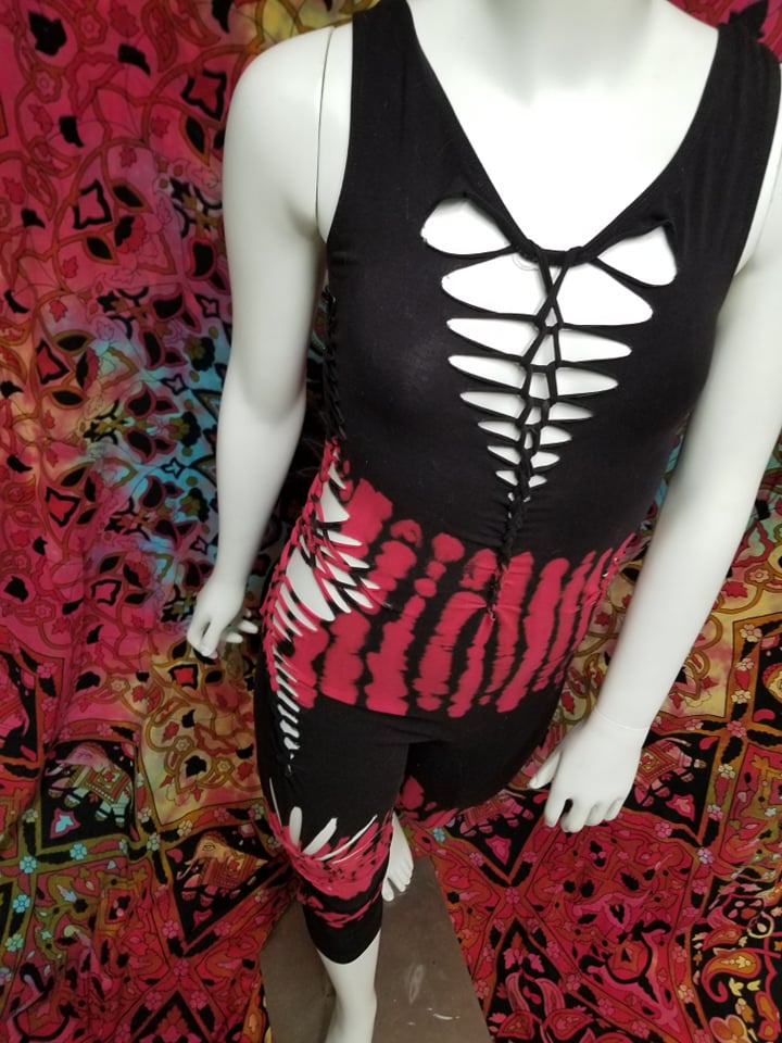 Red & Black Hand Dyed Slit Weave Pant Body Suit- Size Small